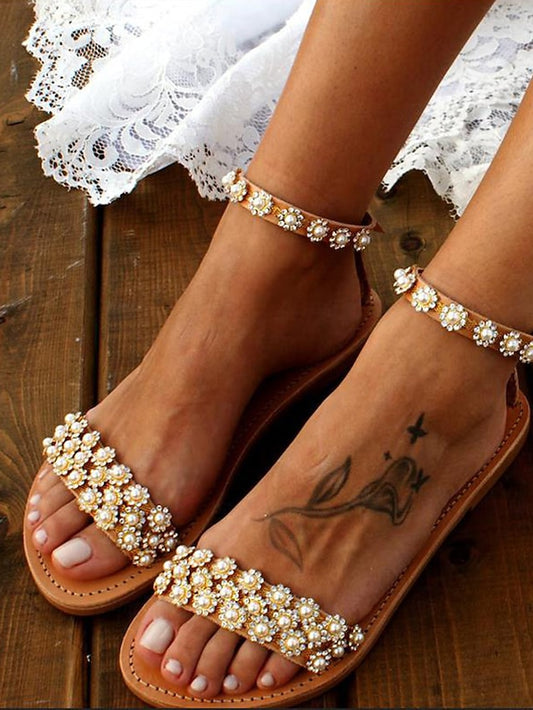 Chic Floral Straps Sandals Ankle Boho for Flat with Beaded