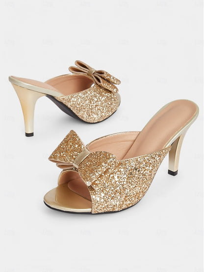 Bow Glamorous – Gold Women's Mules Stiletto Glitter Party