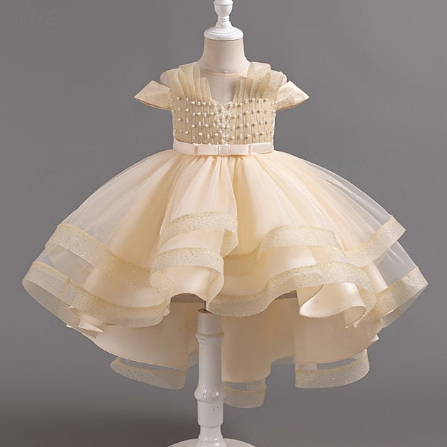 Sleeve Party Color Short Dress Girls' Solid Kids Wedding