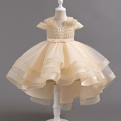 Sleeve Party Color Short Dress Girls' Solid Kids Wedding