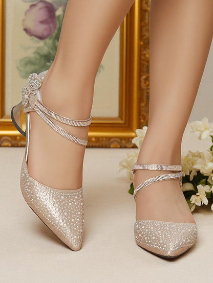 Glitter Ankle Women's Low Rhinestone Strap Heel Pointed Toe