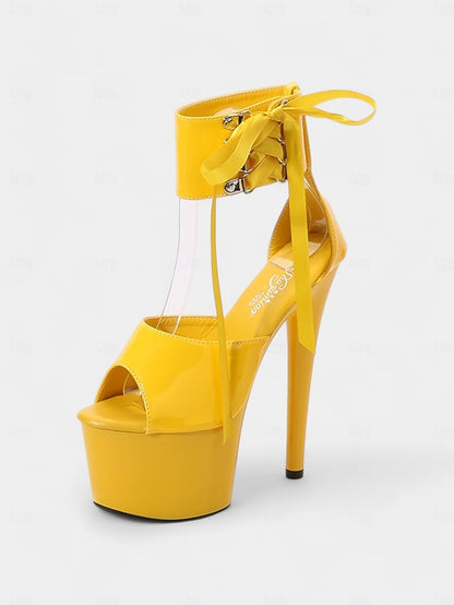 Straps Black Leather Ankle Lace-Up with Patent Sandals Platform