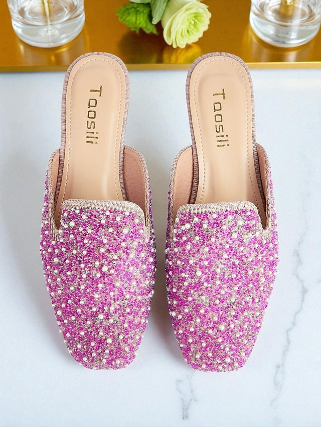 Rhinestone and Pink - Women's Pearl Mules Embellished
