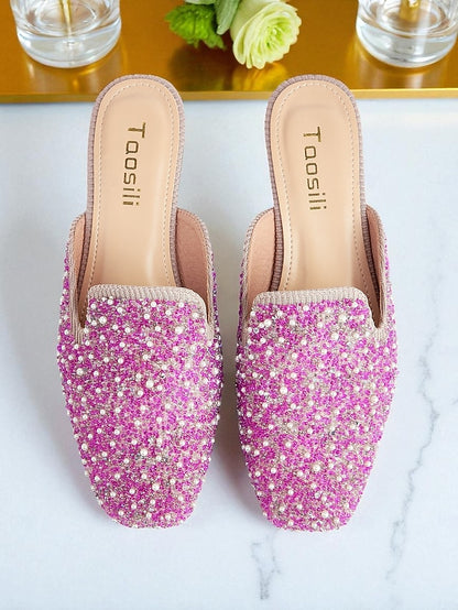 Rhinestone and Pink - Women's Pearl Mules Embellished