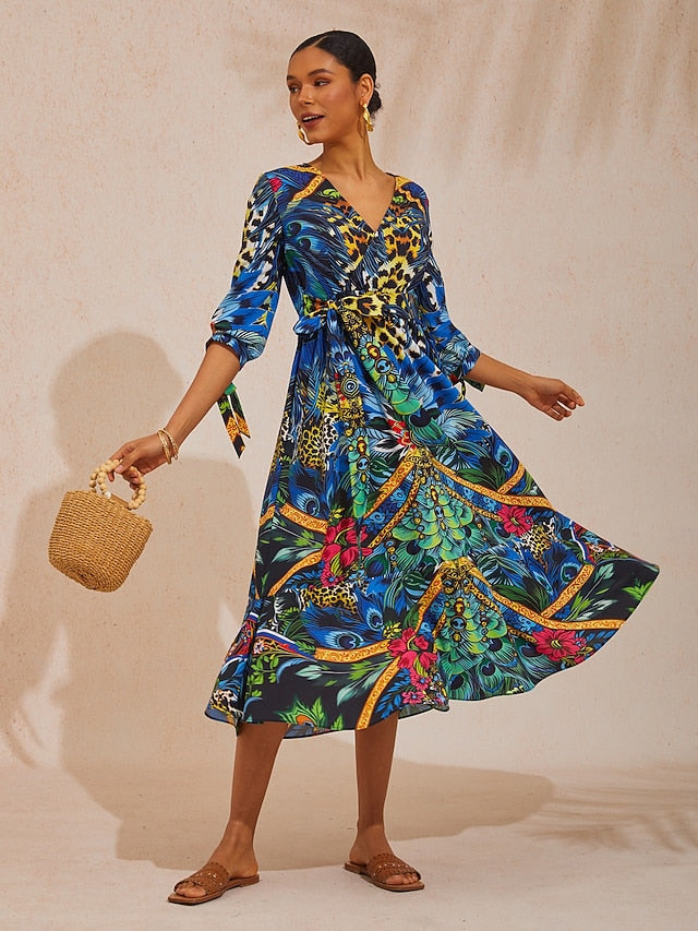 Vacation Jungle Peacock Print Fitted Waist Cotton Feel Maxi