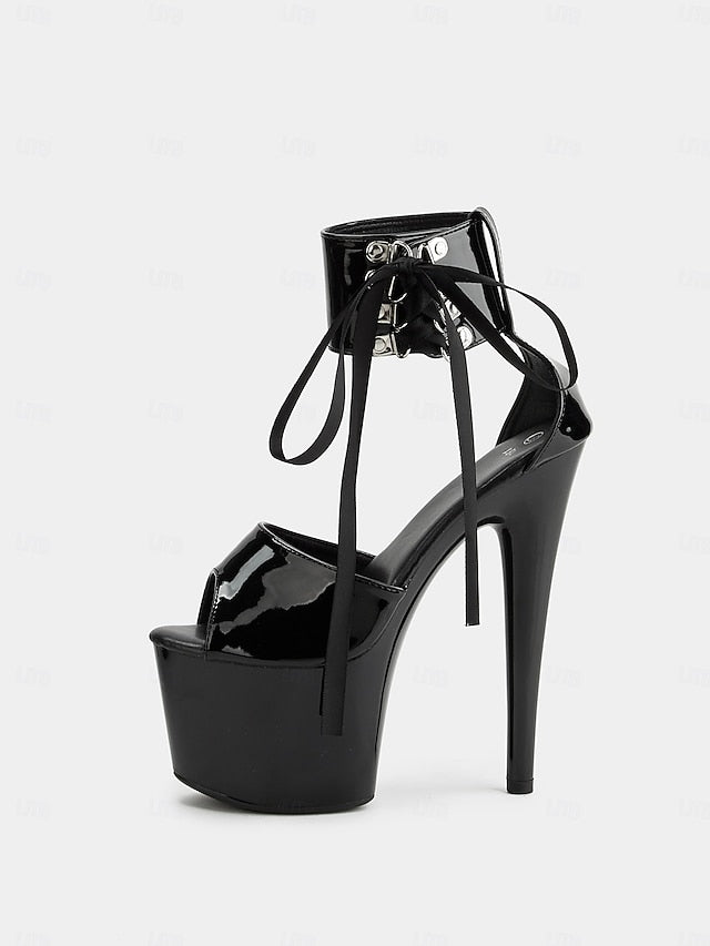 Straps Black Leather Ankle Lace-Up with Patent Sandals Platform