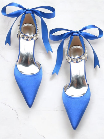 Ankle and Blue Pointed-Kitten Strap Heels with Satin Rhinestone