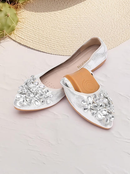 Foldable Flats Rhinestone Women's with Silver