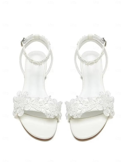 Straps Open-Toe Block Floral Sandals White Ankle Flats with Lace