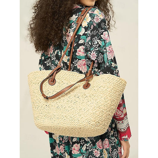 Tote Boho Leather Straps Women's Large Bag Chic Straw with