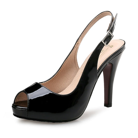 High Heels Slingback Black Leather Women's Peep-Toe Patent