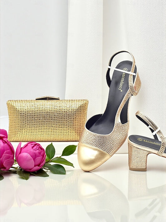 Clutch Set Women's Gold Heel Block Sandals and Matching -