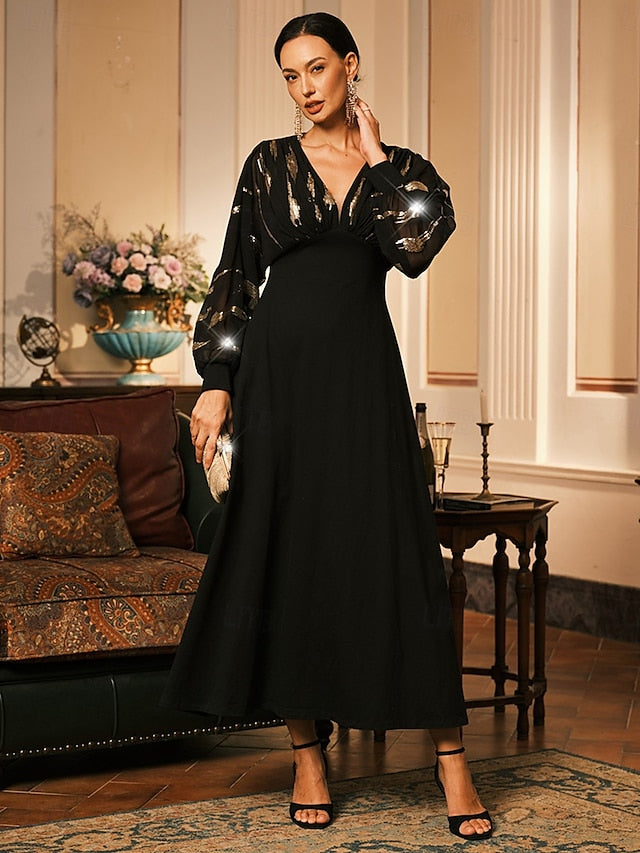 Women's Long Dress Sheer Feather Print Sleeves V-neck Black