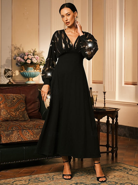 Women's Long Dress Sheer Feather Print Sleeves V-neck Black