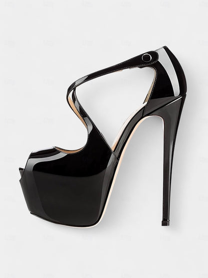Heels Red Platform Black with Cross Stiletto Leather Patent and