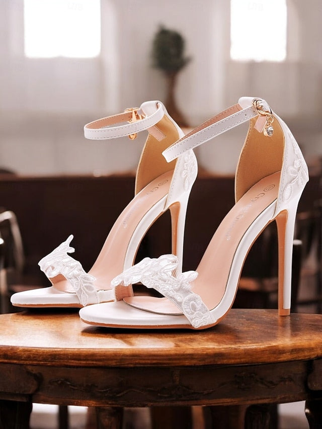 Wedding Ankle Lace with Strap White Women's Heels Stiletto