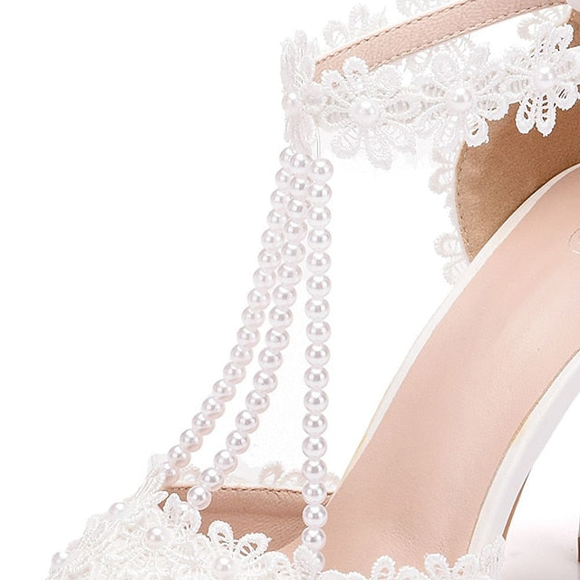 Wedding Shoes Heel Pointed High Women's Lace Bridal
