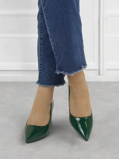 Pumps Patent Faux Pointed-Toe Heel Glossy Leather Green Block