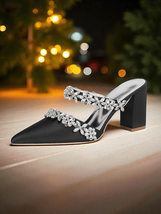 Floral Black Women's Block with Mules Rhinestone Heel Satin