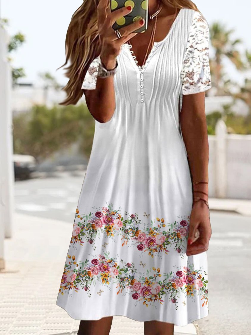 Floral Buttoned Elegant Lace Dress cc45