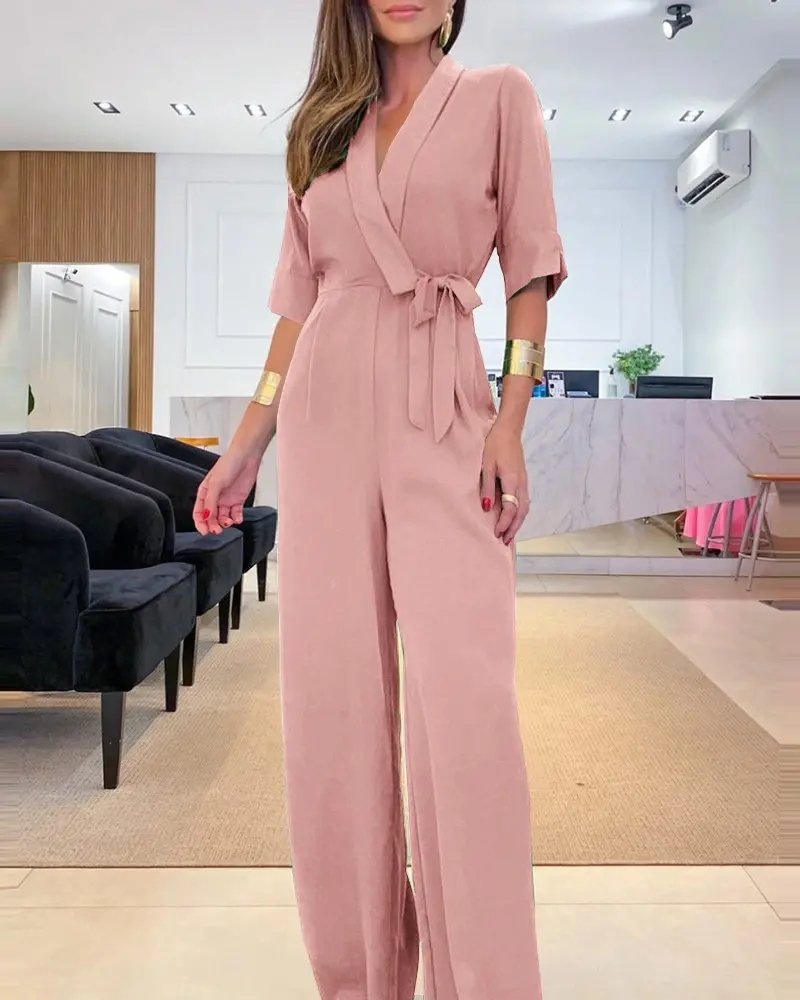 Eleganter Jumpsuit mit lockerem Reverskragen und halblangen Ärmeln und weitem Bein QN83