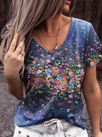 Regular Fit Floral V Neck Floral-Print Casual T-shirt MMq32