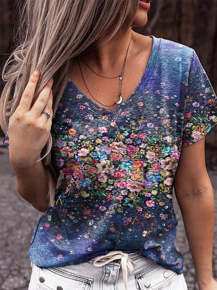 Regular Fit Floral V Neck Floral-Print Casual T-shirt MMq32