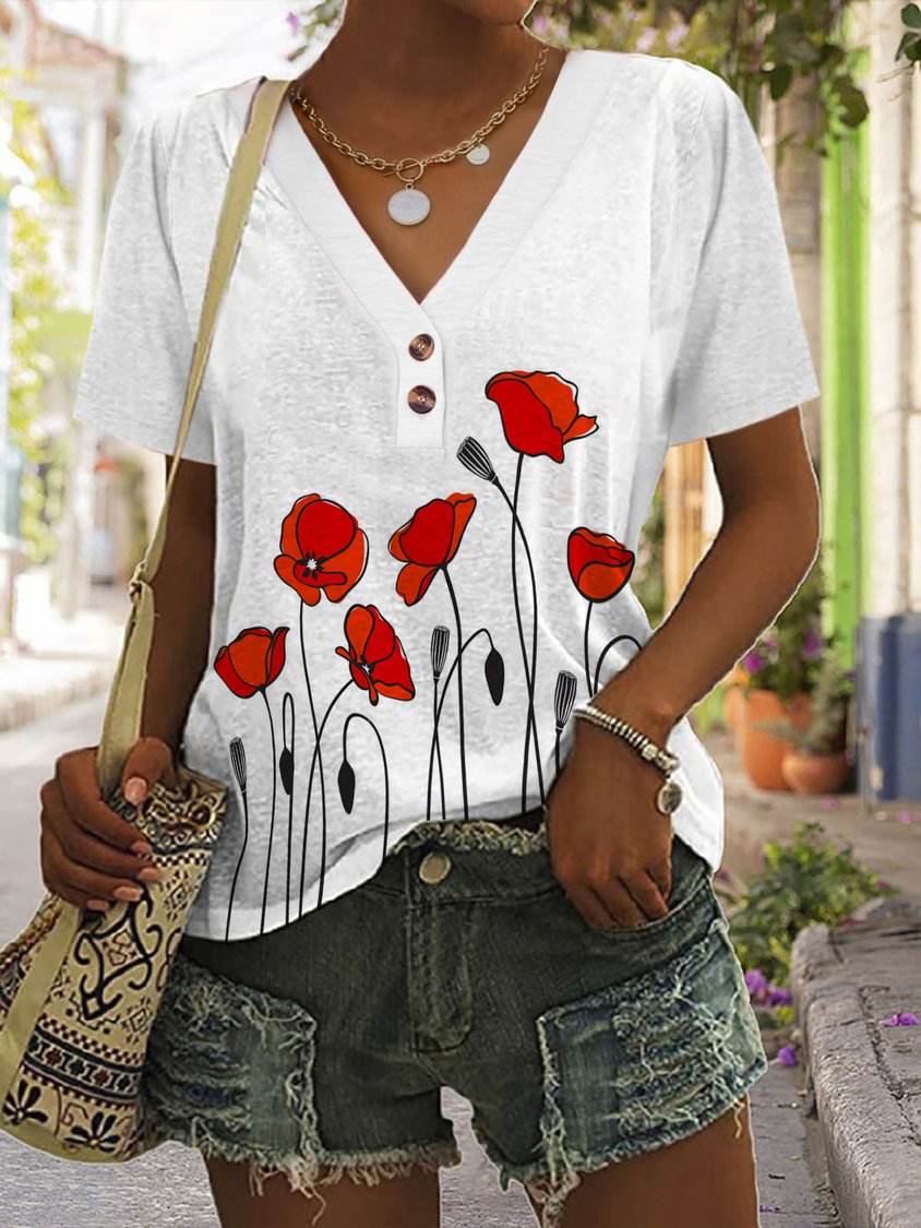 V Neck Casual Floral Memorial Day Loose  T-Shirt CC53