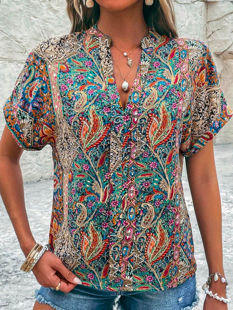 Lockere Bluse mit V-Ausschnitt und ethnischem Paisley-Print und Fledermausärmeln WS77