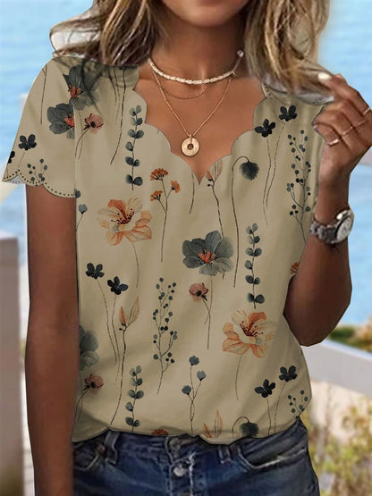 T-shirt à col coquillage et motif floral pour dessert d'été cc187