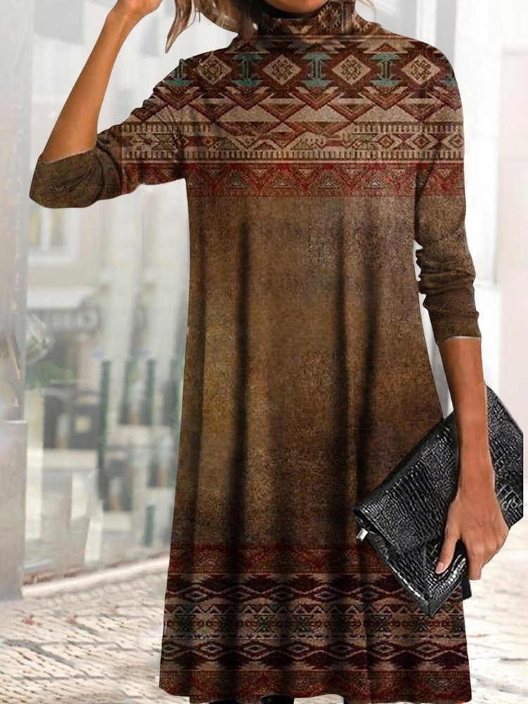 Folk Print Pile Collar Loose Long Sleeve Dress  WJ118