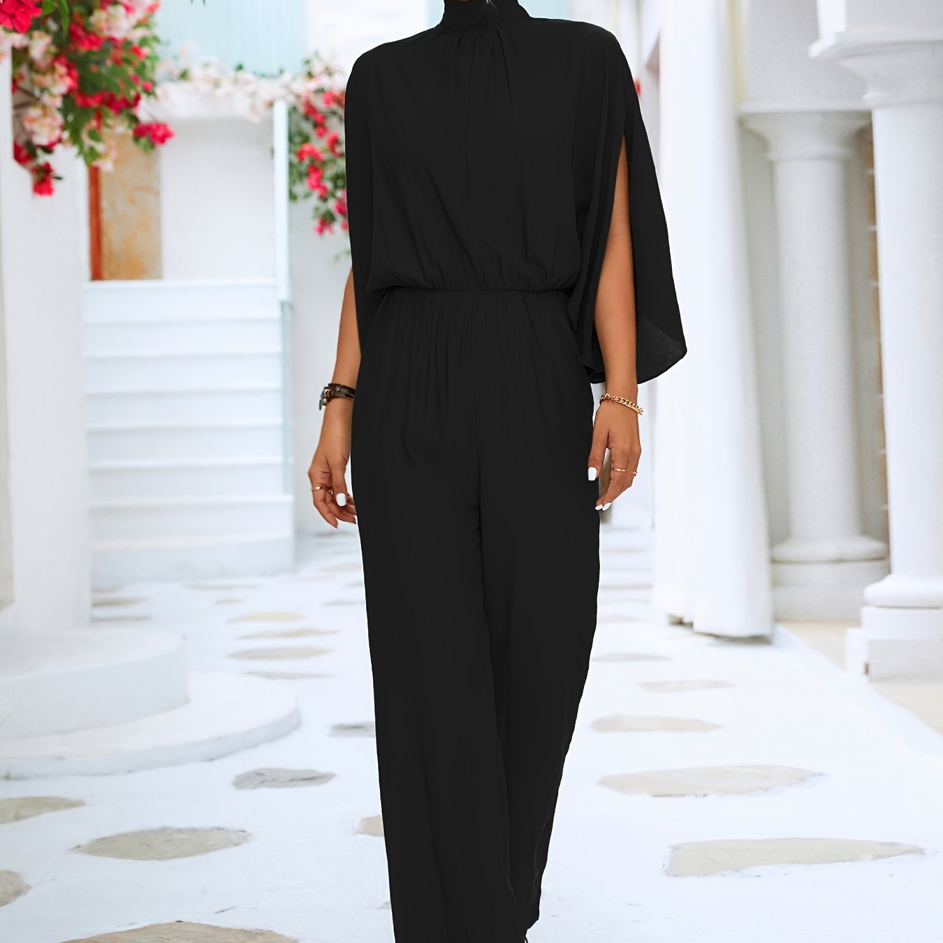 Solid High Collar 3/4 Sleeve Loose Jumpsuit, Casual Stylish Long Length High Waist Jumpsuit, Women's AE103