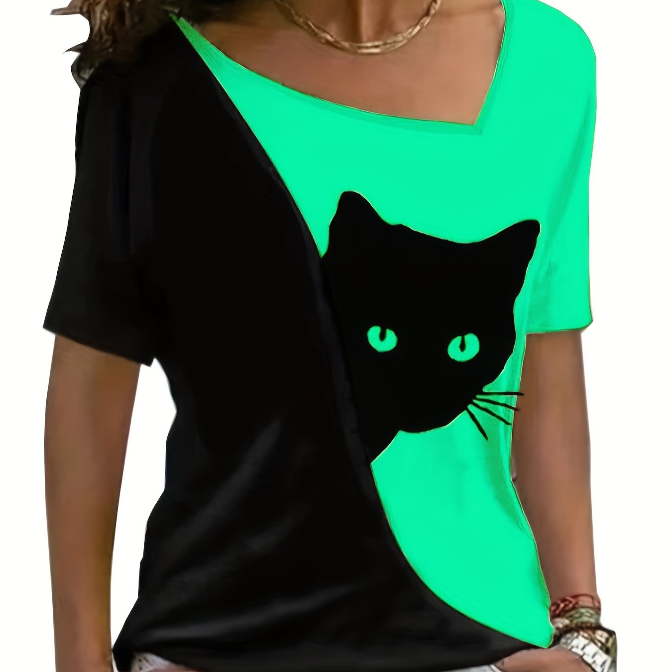 T-Shirt mit Farbblock-Design und Katzen-Print, Kurzarm-T-Shirt mit asymmetrischem Halsausschnitt, lässiges Oberteil für jeden Tag, Damen RA1011