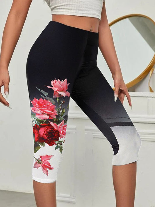 Floral Design Color Block Casual High-stretch Knitted Capris Leggings AH192