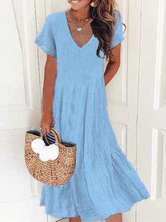 New Women Chic Vintage Boho Hippie Short Sleeve V Neck Plain Casual Weaving Dress QAH19