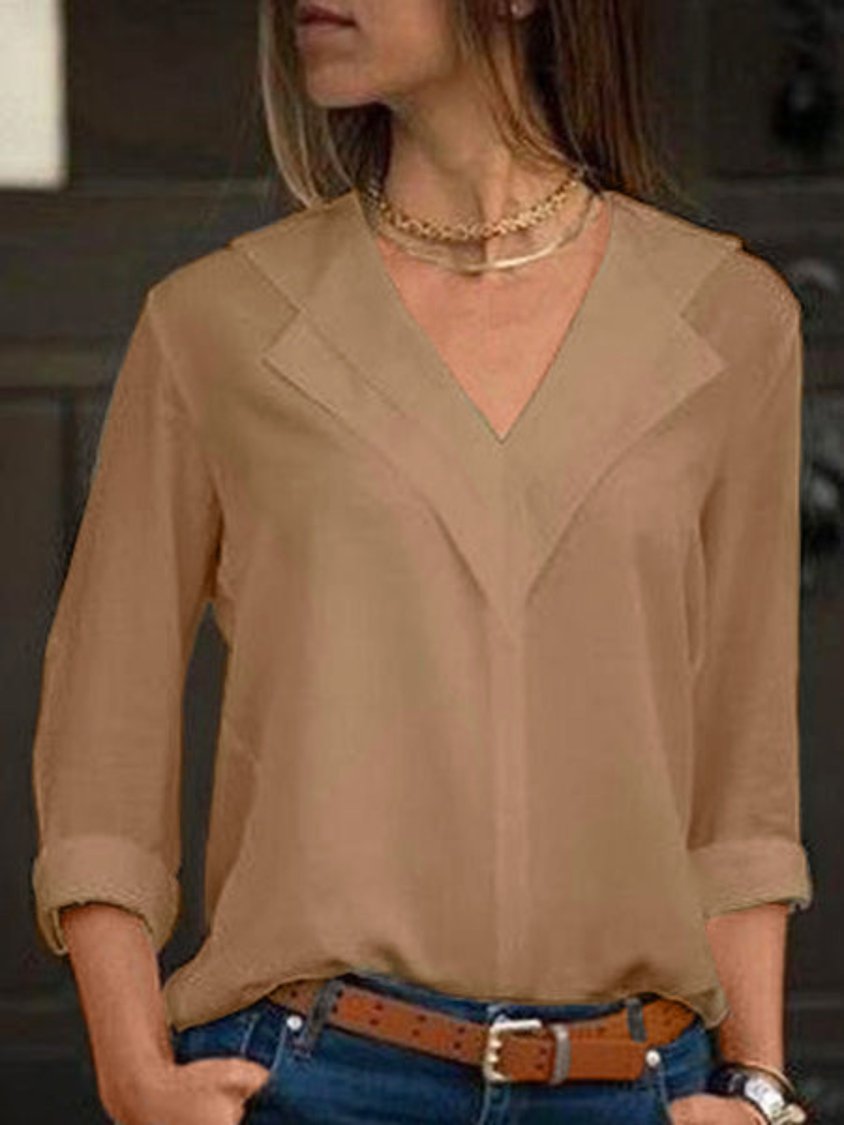 Women V-Neck Solid Color Long Sleeve Blouse CZ19