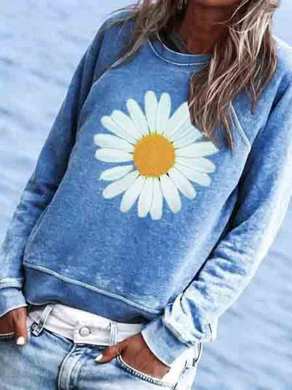 Sweat-shirt à capuche et col rond à imprimé floral pour femme QAL23