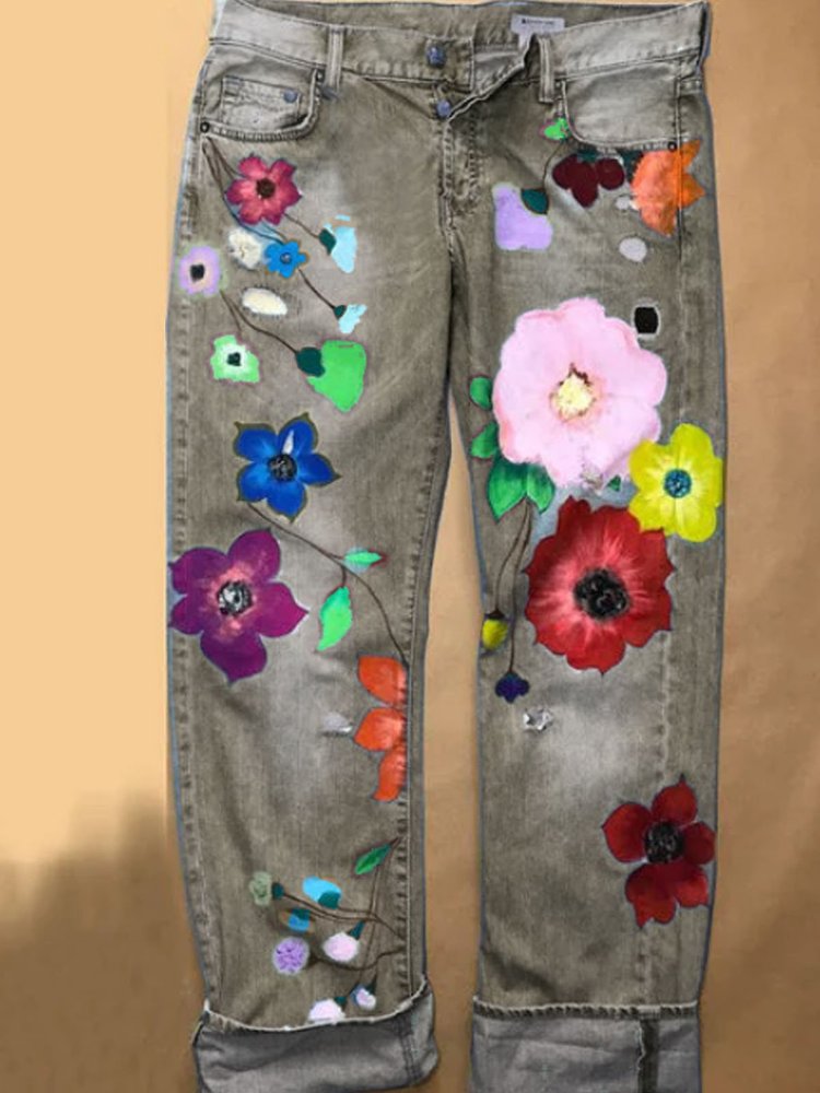 JFN Fashion Denim Floral Casual Jeans  QS91