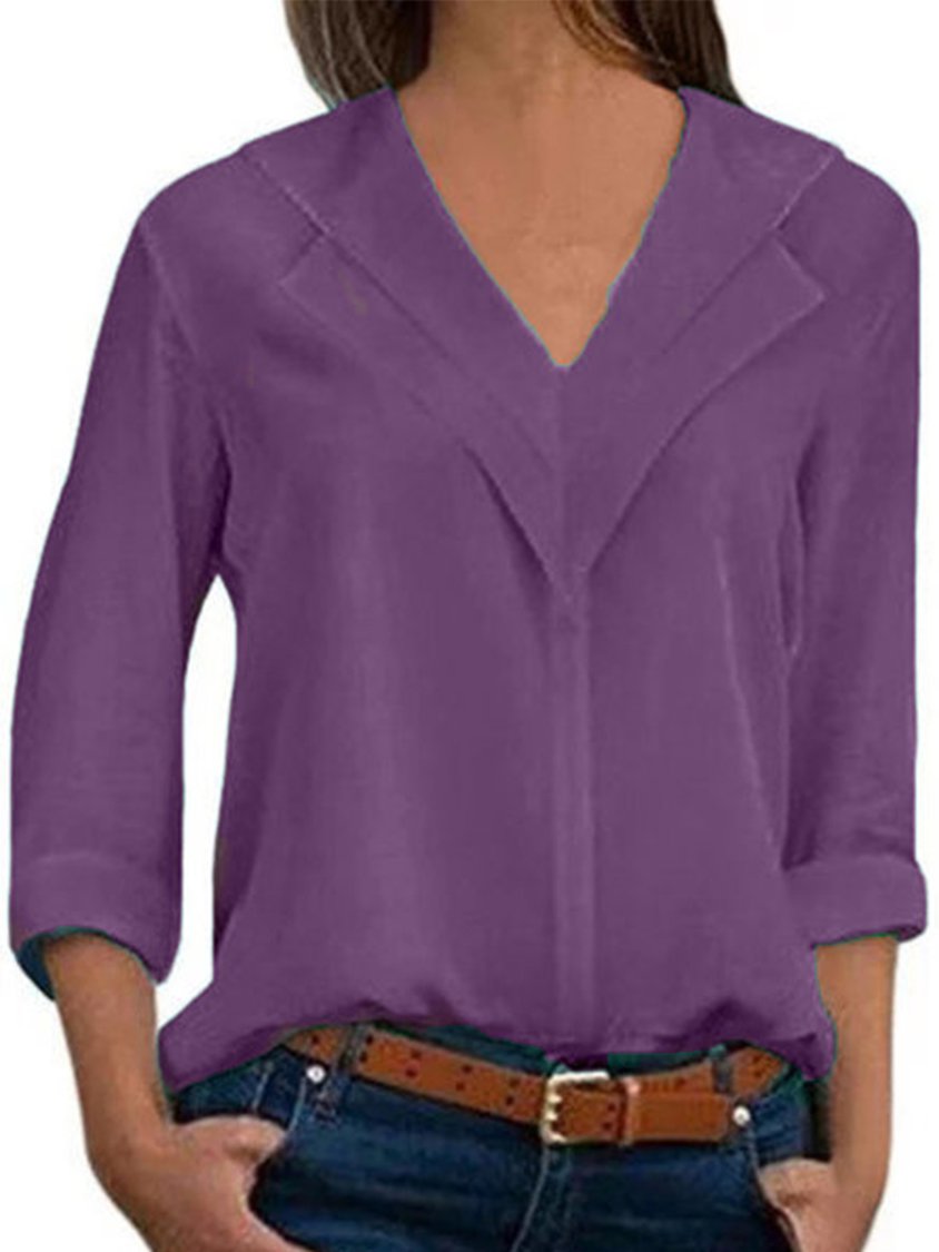 Women V-Neck Solid Color Long Sleeve Blouse CZ19