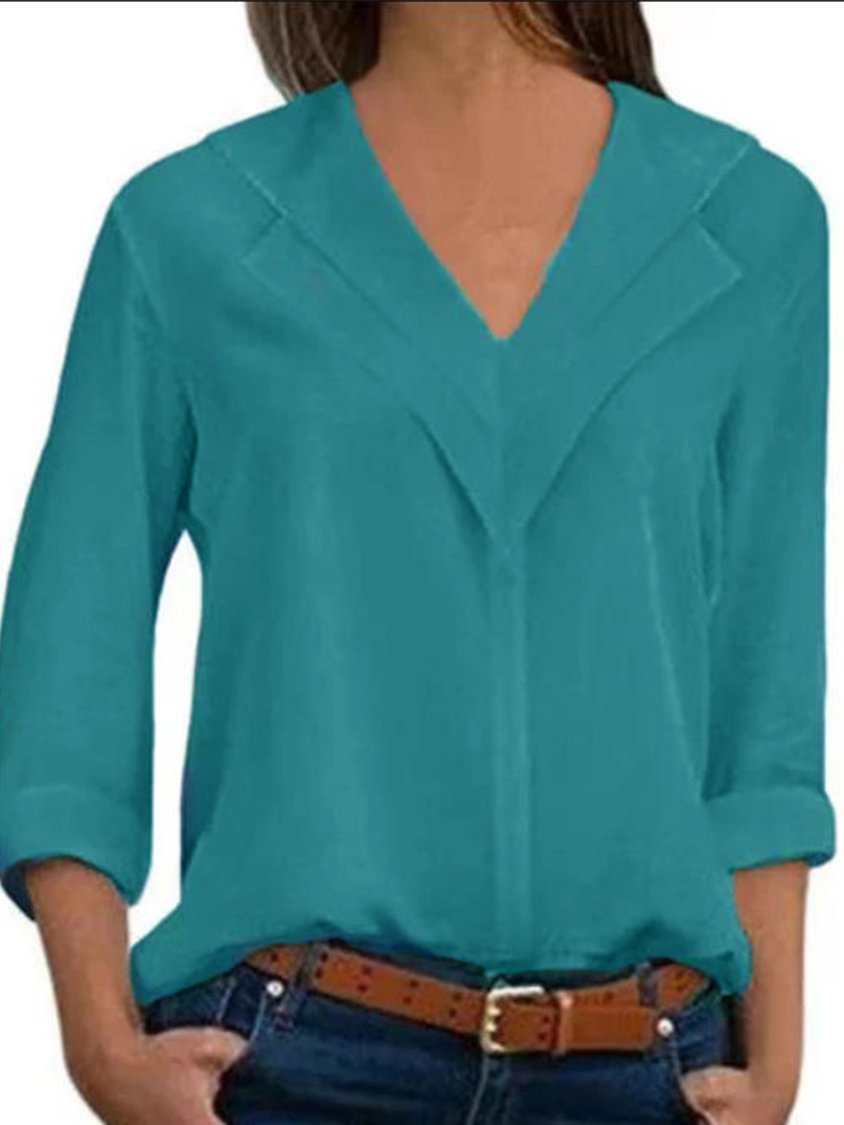 Women V-Neck Solid Color Long Sleeve Blouse CZ19