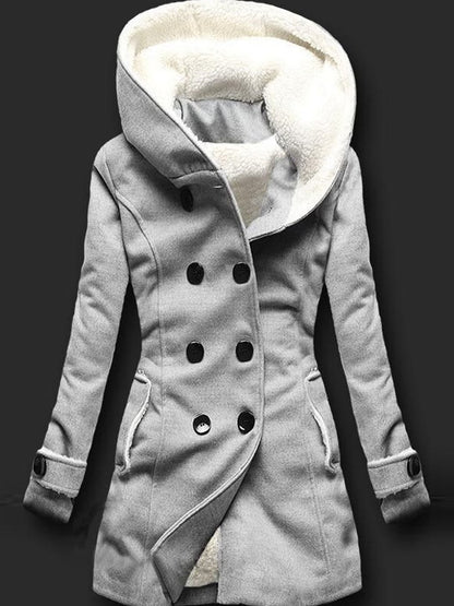 Manteau en tricot décontracté à capuche boutonné gris clair QAG20