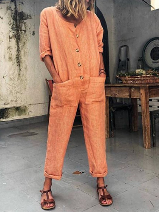 Orange Buttoned Solid Casual Long Sleeve Jumpsuits FE1003