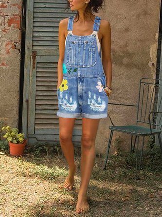 Floral Casual Jeans Sleeveless Pants Denim Overalls QAJ54