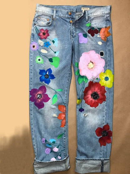 Jean décontracté à imprimé floral en denim tendance QS91