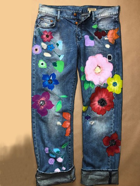 Fashion Denim Floral Casual Jeans  QS91