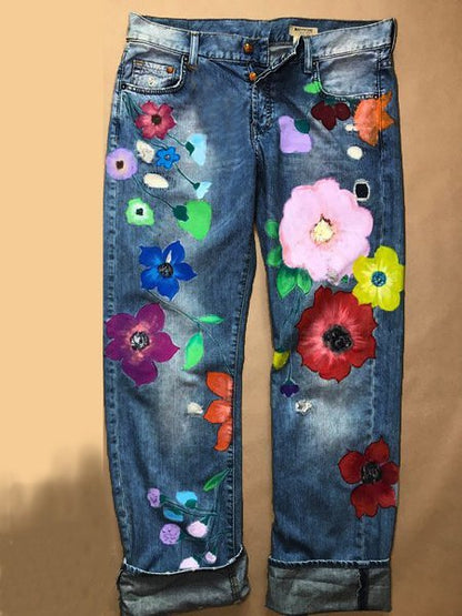 Jean décontracté à imprimé floral en denim tendance QS91