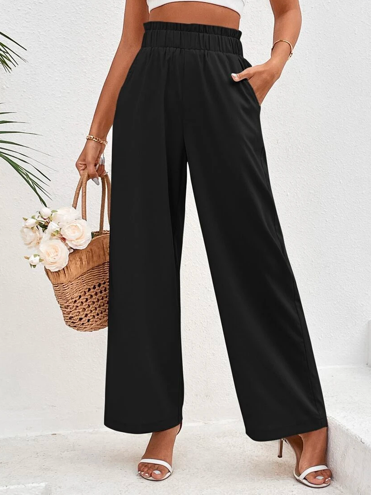 Cotton Casual Plain Paperbag Waist Wide Leg Pants  WX96