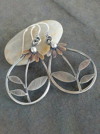 Vintage Silver Floral Earrings Bohemian Ethnic Style Dress Women Jewelry QAG7