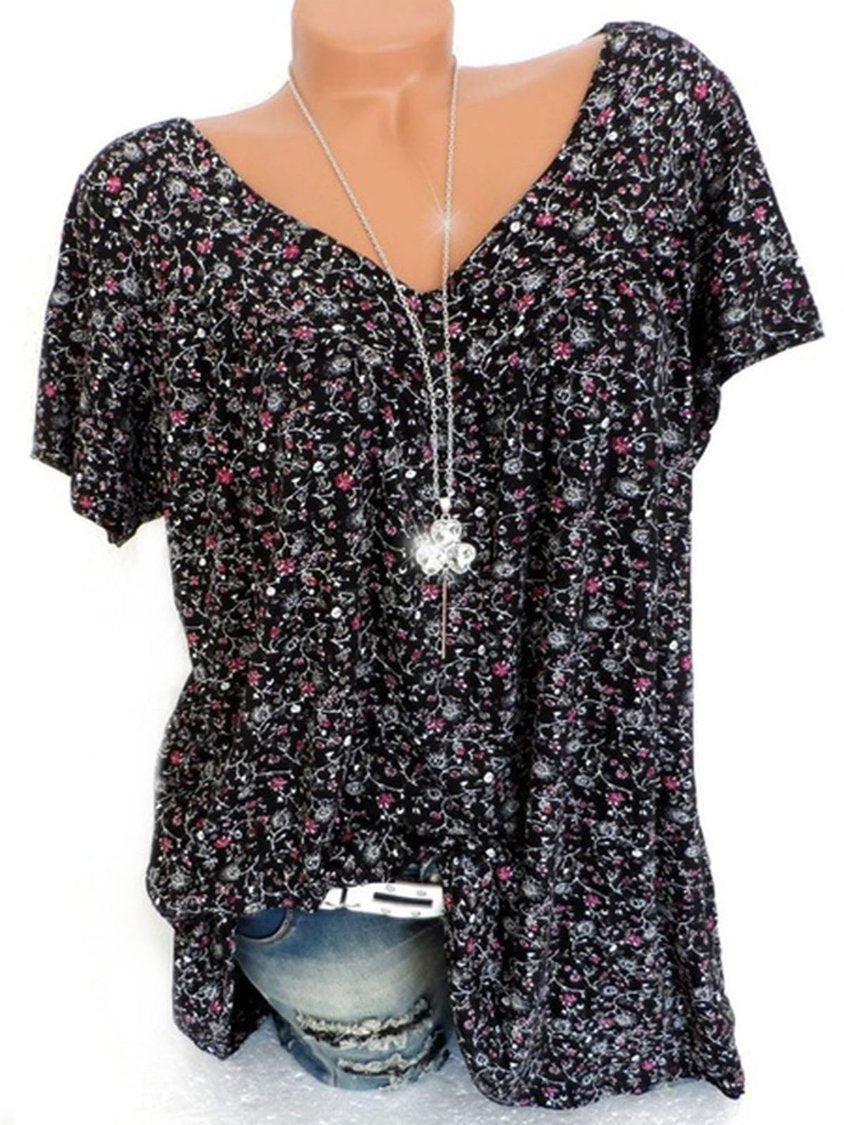 Women's Casual V Neck Floral Short Sleeve Top AT10077