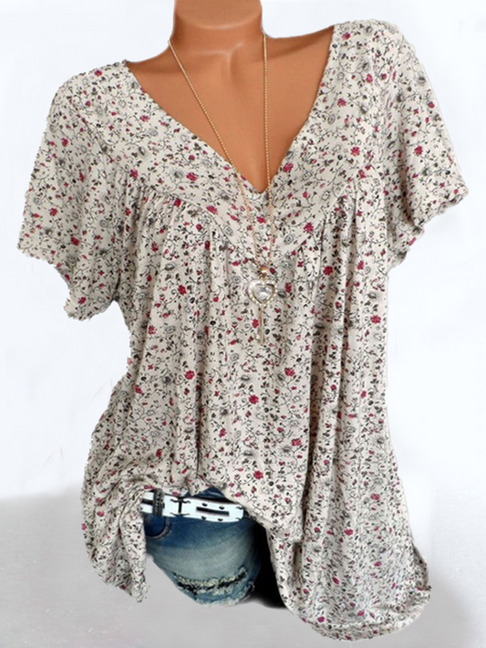 Women's Casual V Neck Floral Short Sleeve Top AH478